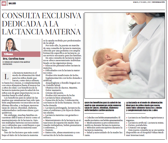 Tribuna diario información sobre nueva consulta lactancia materna en Alicante
